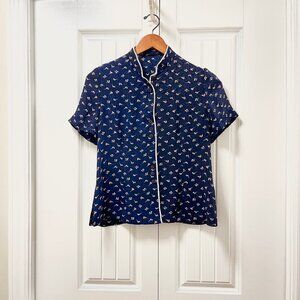Vintage Floral Chinese Style Blouse Navy – S